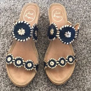 Jack Rogers Lucia Wedge Sandals navy gold 9M